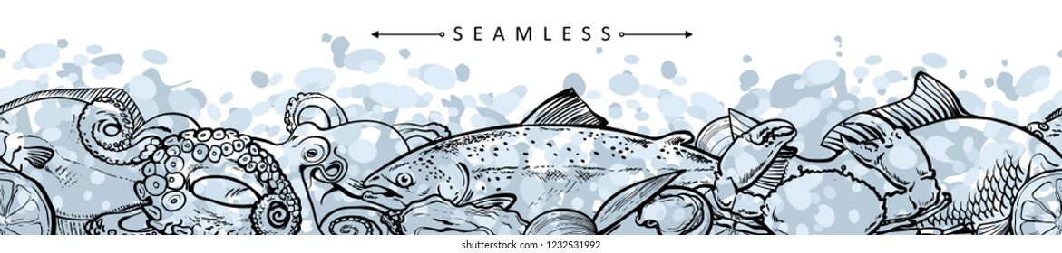 vector sketch seafood seamless pattern with monochrome seashell, trout, lopster and octopus with lemon slice. Hand drawn seafood delicacy, restaurant and marine cuisine cafe menu, packaging design.