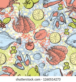 vector sketch seafood seamless pattern with seafood delicacy. Sea flatfish lobster shripms crawfish mussels, meat steak and lemon slices. Hand drawn restaurant and marine cafe menu, packaging design.