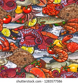 vector sketch seafood seamless pattern with seafood delicacy. Sea trout squid lobster shripms crawfish oysters and vegetables. Hand drawn restaurant and marine cafe menu, packaging design.