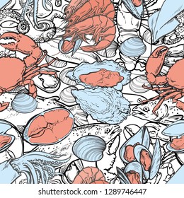 vector sketch seafood seamless pattern with seafood delicacy. Monochrome trout squid shripms crawfish oysters and mussels. Hand drawn restaurant and marine cafe menu, packaging design.