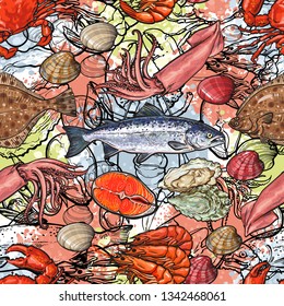 vector sketch seafood seamless pattern with seafood delicacy. Sea trout squid lobster shripms crawfish oysters and lemon slices. Hand drawn restaurant and marine cafe menu, packaging design.