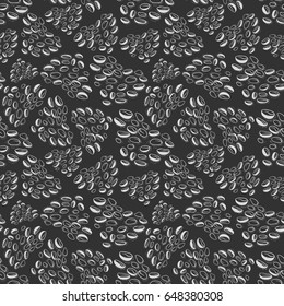 Vector sketch seamless background pattern of coffee bean. White bean on dark backdrop. Group of beans arranged in the shape of a heart. For menu design cafes, coffee house, to print on packaging