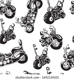 vector sketch seamless of hand drawn motorbikes black and white