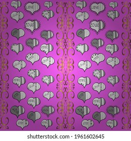 Vector sketch. Seamless love pattern with cute lettering calligraphy text and hearts, envelopes, doodles. Hand drawn illustration in cartoon style. Graphic hearts love on white, violet and gray colors