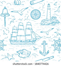 Vector sketch seamless marine pattern with sailing ship, lighthouse, spyglass, seagulls, compass, anchor, sea shells, bell. Design for textile, wrapping paper, page fill, web design, wallpaper