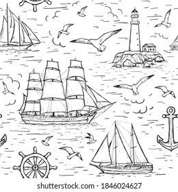 Vector sketch seamless marine pattern with sailing ship, lighthouse, seagulls, anchor. Design for textile, wrapping paper, page fill, web design, wallpaper. Black line isolated on white