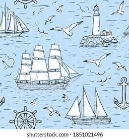 Vector sketch seamless marine pattern with sailing ship, lighthouse, seagulls, anchor. Design on blue background for textile, wrapping paper, page fill, web design, wallpaper