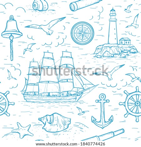 Vector sketch seamless marine pattern with sailing ship, lighthouse, spyglass, seagulls, compass, anchor, sea shells, bell. Design for textile, wrapping paper, page fill, web design, wallpaper