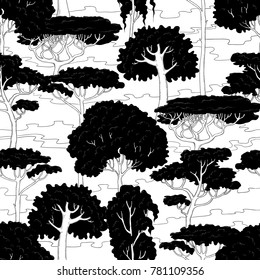 Vector sketch seamless pattern illustration of black silhouettes of different trees on a white background. Pine, birch, oak, acacia and other plant species. Black woods set for the background.