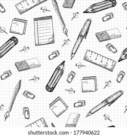Vector sketch seamless pattern with stationery, school and business goods.