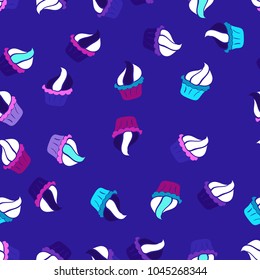 Vector sketch. Seamless pattern with sweets - ice cream, cupcakes. Can use for birthday card, the children menu, packaging, textiles, fabrics, wallpaper. Isolated in violet, blue and white colors.