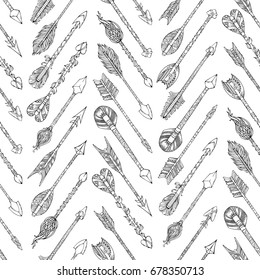 Vector sketch seamless tribal arrows pattern. Hand-drawn ethnic arrows. Boho and hippie style illustration. Black and white zigzag boundless background.