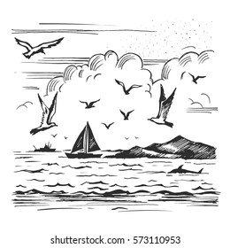 Vector sketch seascape with yachts and seagulls on the background of the shore.