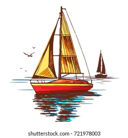 Vector sketch seascape with yachts and seagulls on the background of the sea.