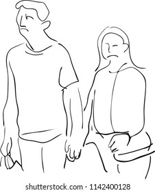 Vector sketch of serious and sad couple holding hands on white background.