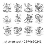 Vector sketch set of 12 Greek mythology gods, including Zeus, Poseidon, Hades, Athena, and more. Ideal for historical, educational, and fantasy-themed designs.