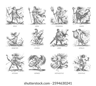 Vector sketch set of 12 Greek mythology gods, including Zeus, Poseidon, Hades, Athena, and more. Ideal for historical, educational, and fantasy-themed designs.