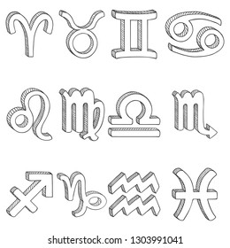 Vector Sketch Set of 12 Zodiac Signs. Black Outline Zodiacal Icons.