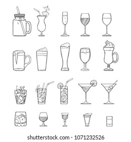 Vector Sketch Set of Alcohol and Soft Drinks, Liquors, Cocktails.