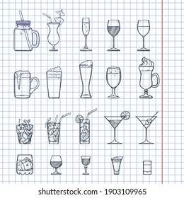 Vector Sketch Set of Alcohol and Soft Drinks, Liquors, Cocktails.