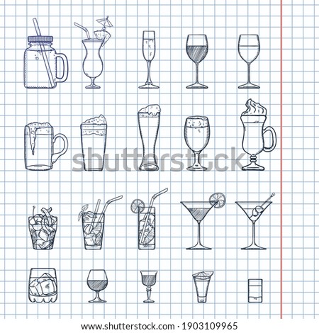 Vector Sketch Set of Alcohol and Soft Drinks, Liquors, Cocktails.