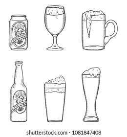 Vector Sketch Set of Beer Glasses, Bottle and Can. Outline Illustrations for Bar Menu.
