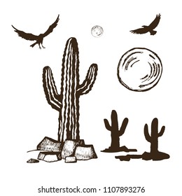 Vector sketch set of cacti and silhouettes of ravens in flight sun and moon