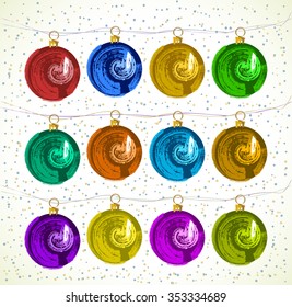 Vector sketch of set of christmas colorful balls. Hand drawn. 