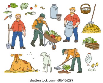 Vector sketch set coloured isolated illustration of farmers and farm animals. Man with shovel, cart with vegetables. Working in garden, milk cow and goat, harvests and breeding chickens.