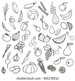 vector sketch set contour line of fruits and vegetables isolated on white background , apple, pear , pumpkin, cucumber, tomato , cherry, lemon, carrot, broccoli , garlic , watermelon , grape, peach