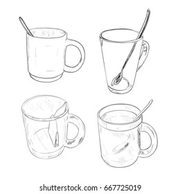 Vector sketch set of cup with spoon isolated on white background. Hand drawn illustration.