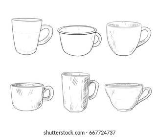 Vector sketch set of cups isolated on white background. Hand drawn illustration.