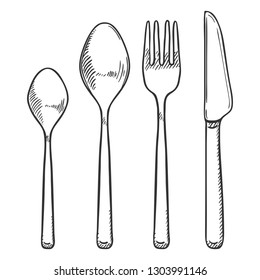 Vector Sketch Set of Cutlery. Knife, Fork and Spoons