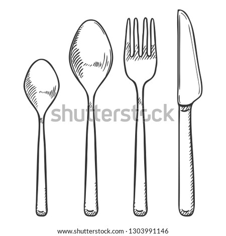 Vector Sketch Set of Cutlery. Knife, Fork and Spoons