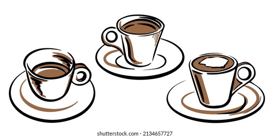 Vector sketch set with espresso cups in brown coffee tones