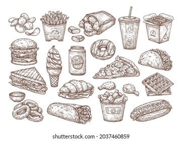 Vector sketch set of fast food. Hand drawing food in vintage style.