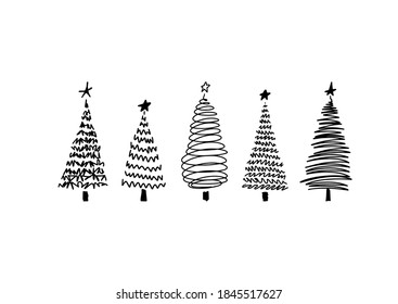 Vector sketch set of hand drawn Christmas trees silhouette isolated on white background. Collection of clip arts with Xmas trees for crafters and designers. Good for print, cut, t-shirt, mugs, card.