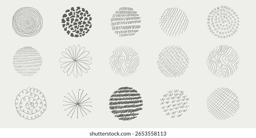 Vector boceto conjunto de círculos dibujados a mano y Formas redondas. Burbujas abstractas negras y garabatos. Diseño contemporáneo aislado. Elementos de línea de pluma sobre fondo blanco. Dibujo minimalista moderno.
