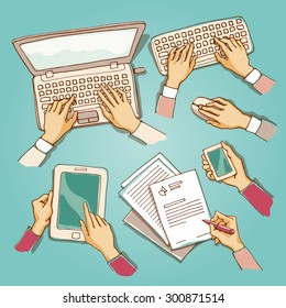 Vector sketch set of hands holding various hi-tech communication devices. Business concept of hand using laptop, tablet and smart phone, writing and typing on a keyboard