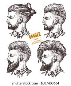 Vector sketch set of illustration of barbershoper. Collection of portrait of yong hipster man with trendy hairstyle. Hand drawn image of Barber Shop owner