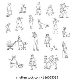 Vector sketch set of illustrations walking urban residents. Children and adults in various situations on the street in the city. Working porters, schoolgirl, woman with the kids and other characters