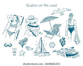 A vector sketch set inspired by coastal summer life. Includes hand-drawn illustrations of women at the beach, yachts, seashells, corals, and seaside elements