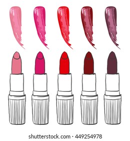Vector sketch set lipstick 5 colors palette.