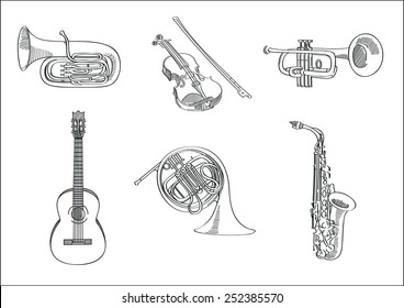 Vector sketch set of musical instruments - tuba, violin, trumpet, guitar, french horn and saxophone