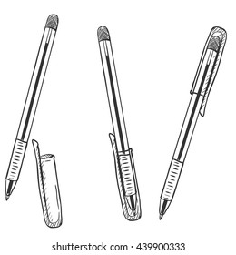 Vector Sketch Set of Pens. Ballpoint Pens with Caps Variations