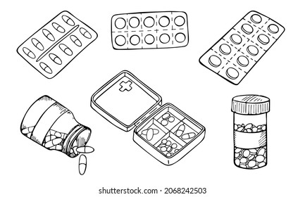 Esbozo vectorial del paquete blister de píldoras aislado sobre fondo blanco. Icono de pastillas dibujadas a mano. Ilustración médica de Doodle. Para imprimir, web, diseño, decoración, logotipo.
