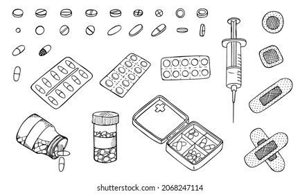 Esbozo vectorial de las píldoras blíster, jeringa y ayuda de banda aislados en fondo blanco. Icono de pastillas dibujadas a mano. Ilustración médica de Doodle. Para imprimir, web, diseño, decoración, logotipo.
