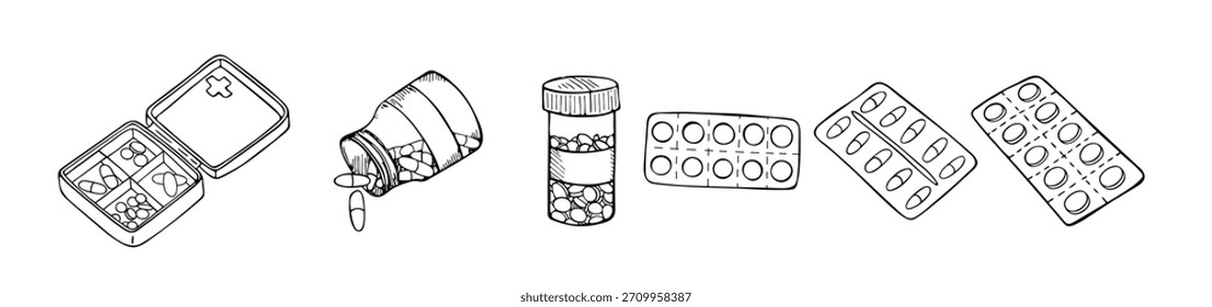 Vector boceto conjunto de píldoras blister paquete aislado en blanco 