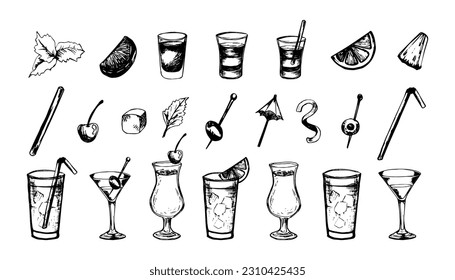 Vector sketch set of popular cocktails with slices of fruits and decoration of cocktails.