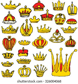 Vector sketch set of red-and-gold Royal crowns of different countries and peoples. All isolated.